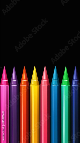 Obraz A row of vibrant colorful crayons arranged neatly at the bottom of a black background with copy space above for text. 