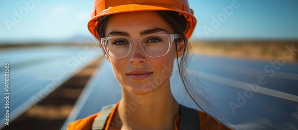 Fototapeta Female solar field engineer in orange uniform between rows of desert solar panels wearing helmet and glasses. 