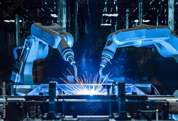 Fototapeta A robot is cutting a piece of metal