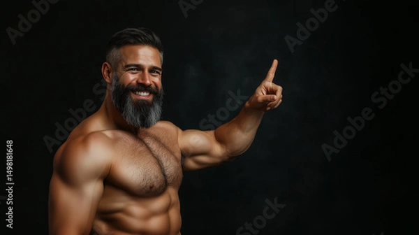 Fototapeta 40s muscular bearded hairy bodybuilder smiling confidently shirtless and pointing to empty space on a dark background. 