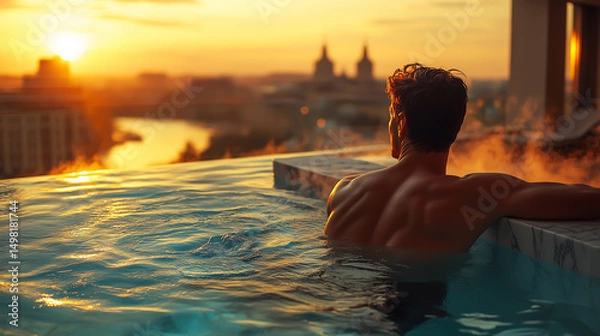 Fototapeta A man viewed from behind relaxing in a rooftop swimming pool overlooking a beautiful city skyline during golden hour sunset. 