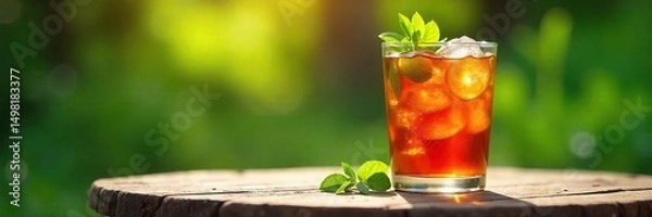 Fototapeta A refreshing glass of iced tea sits on a rustic wooden table outdoors on a hot summer's day, surrounded by lush greenery, providing a tranquil scene of cool refreshment , glass, heat, green