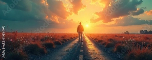 Fototapeta A lone figure stands at a crossroads, symbolizing loss of leadership and uncertainty in the future; a path less traveled awaits , ambition, leader, uncertainty