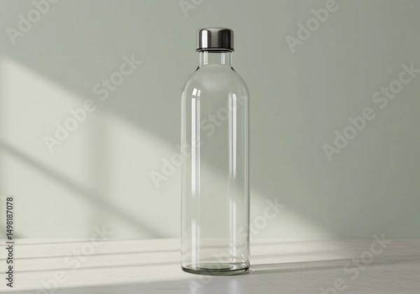 Fototapeta Transparent Glass Bottle with Metallic Screw Cap on a Neutral Green Background, Featuring Elegant Minimalist Design
