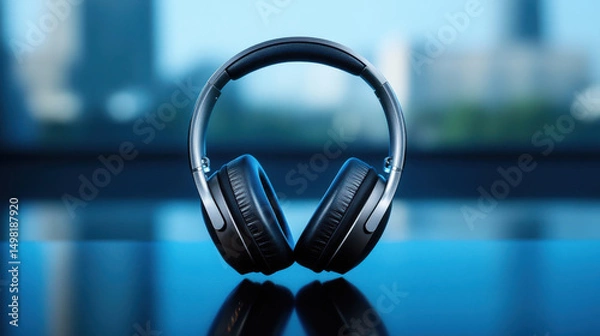Fototapeta Sleek wireless headphones are positioned neatly on a glossy surface. The background features abstract shapes with softened details, suggesting a city skyline under bright daylight