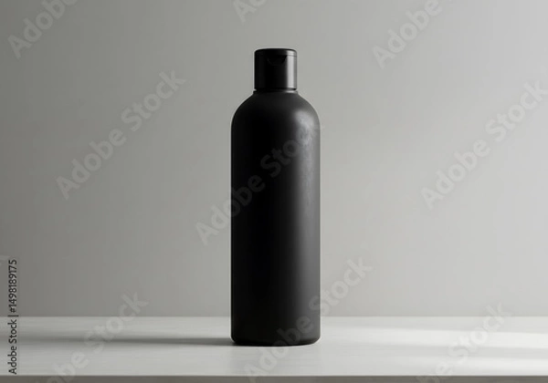 Fototapeta Matte Black Cylindrical Bottle Mockup with Cap on White Surface Against a Neutral Gray Background