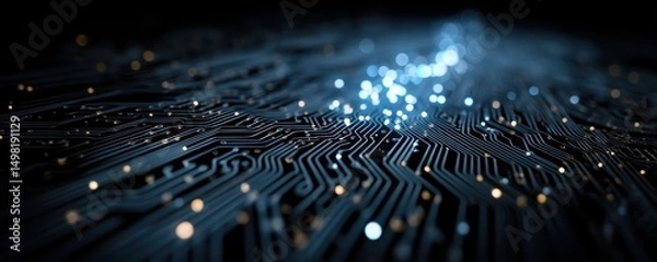Fototapeta Futuristic blue illuminated technology circuit with data network glow