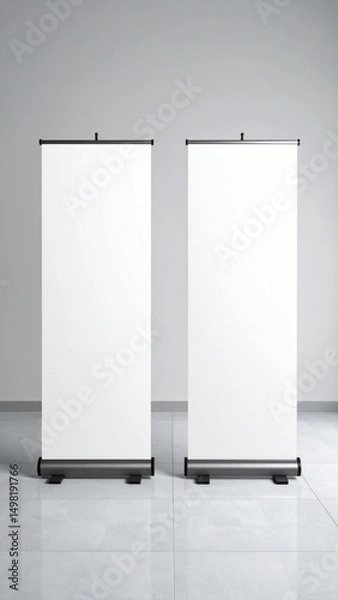 Fototapeta Two blank roll up banners standing in a bright room