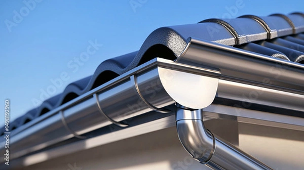 Fototapeta Close up shows new shiny aluminum rain gutter system installed on dark tiled roof against bright blue sky above.