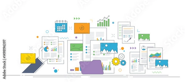 Fototapeta Digital content document and data management, graphs report, videos, photos, folders.