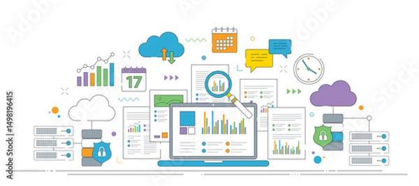 Fototapeta Cloud data analysis dashboard and secure data platform.