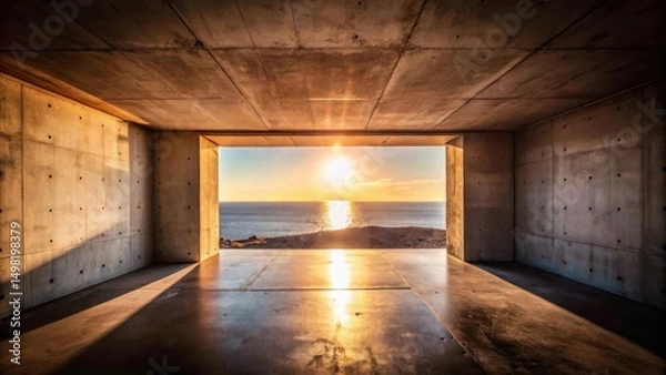 Fototapeta A concrete room with a large window framing a view of the ocean at sunset with the sun reflecting on the water and floor.
