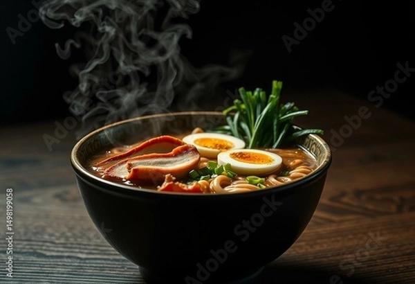 Fototapeta Rich bowl of miso ramen with dark broth