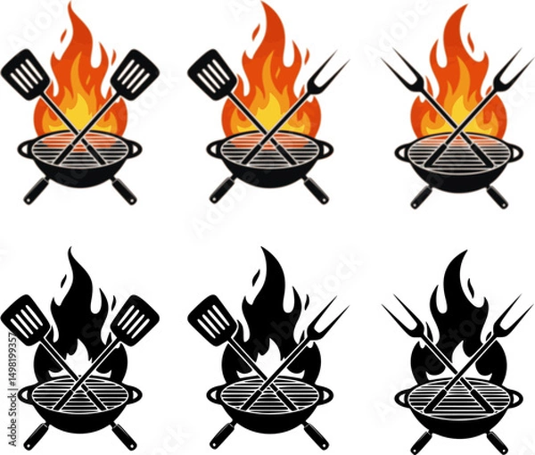 Obraz set of Grill fire emblem with crossed spatula and fork behind flame, perfect for barbecue logos, cookout designs, food truck branding or BBQ event.
