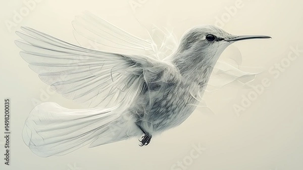 Fototapeta Artistic grayscale illustration of a white bird in flight showing feather detail and abstract flowing lines