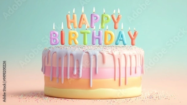 Obraz Off-center pastel cake with multicolor drips and fun birthday candles on a bright backdrop with room for text