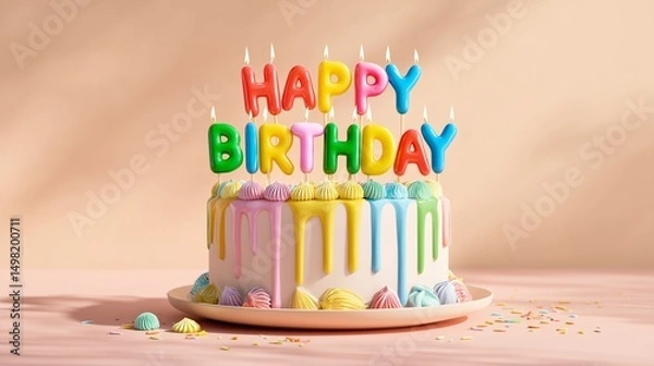 Obraz Fun multi-tier cake with rainbow frosting drips and vibrant letter candles spelling out "Happy Birthday" on a dreamy pastel background