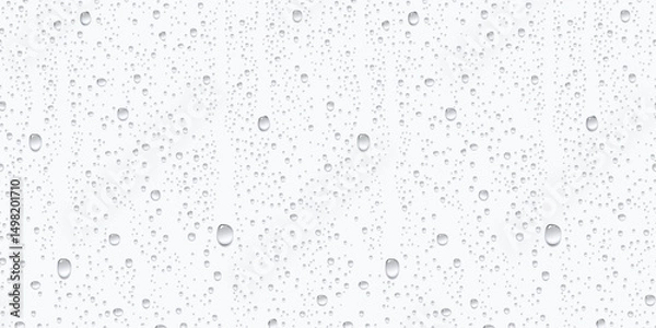 Obraz Water rain or shower drops seamless border isolated on white background. Realistic pure droplets condensed texture. Vector clear vapor bubbles on window glass surface