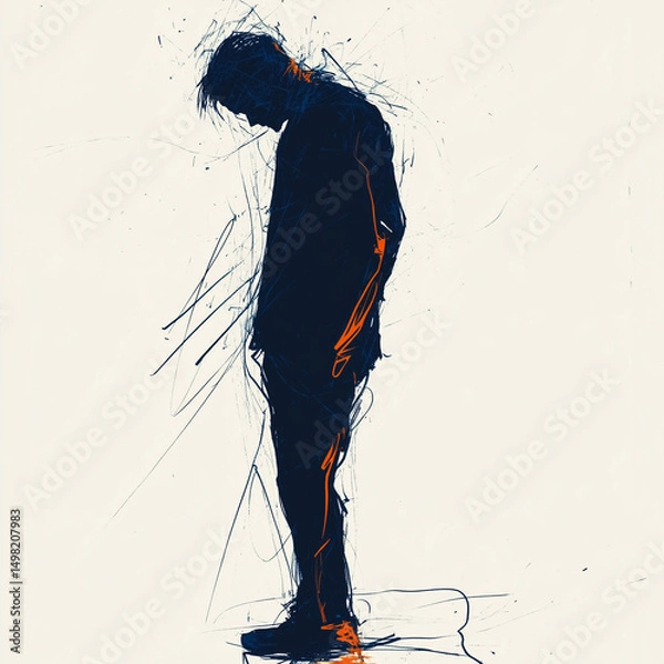 Obraz Scribble art of a sad man walking with head down on white background. Generative AI