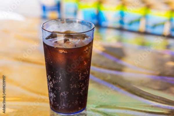 Fototapeta Glass of cola with ice and visible condensation on surface standing on colorful reflective table with background blur. Aruba.
