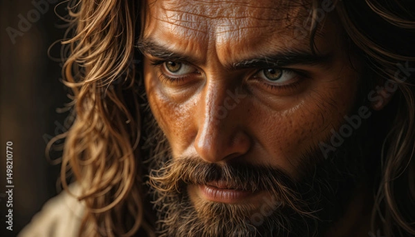 Obraz Jesus Christ with solemn expression and long wavy hair in dramatic close-up portrait
