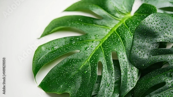 Obraz Fresh Green Monstera Leaf with Water Drops on Light Background