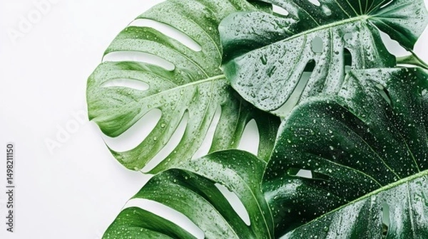Obraz Fresh Green Leaves with Water Drops on Light Background