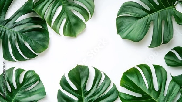 Obraz Tropical Green Monstera Leaves on Plain White Background for Decor