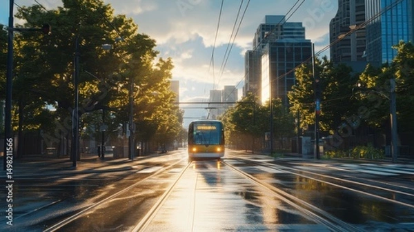 Obraz Vibrant Cityscape at Sunrise with Streetcar on Wet Pavement