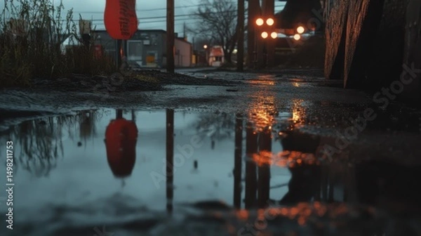 Obraz Reflection in Puddle on Wet Street at Dusk with City Lights