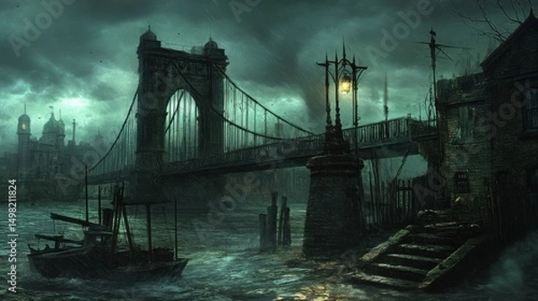 Obraz Mysterious Bridge at Night Under Dark Clouds and Eerie Atmosphere