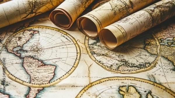 Obraz Vintage World Map with Rolled Scrolls Captured in Close-Up View