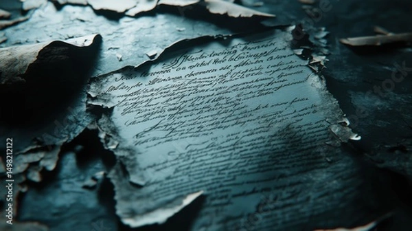 Obraz Ancient Torn Manuscript on Weathered Surface in Soft Lighting