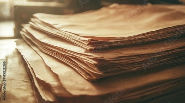 Obraz Stacked Old Papers in Soft Natural Light on a Wooden Surface