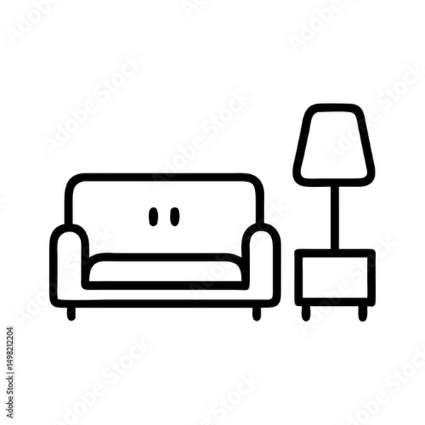 Fototapeta A simple drawing of a couch with two cushions and a lamp on a small table beside it shown