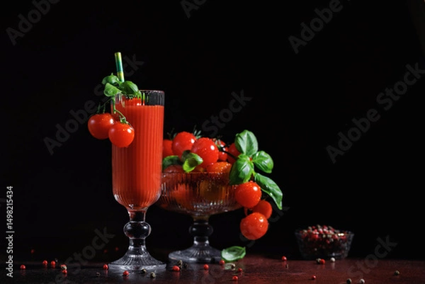 Fototapeta Fresh tomato cocktail in glass garnished with basil and cherry tomato on a rustic dark table with dramatic lighting