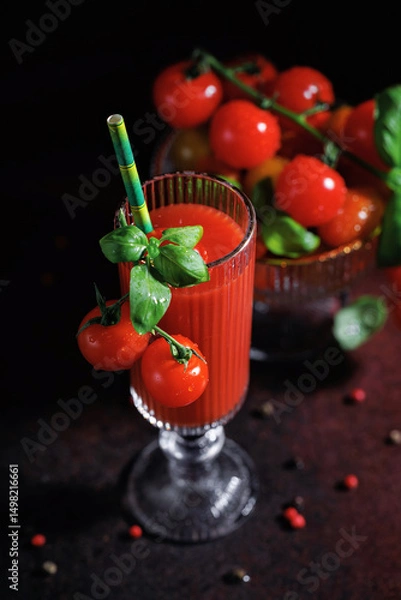 Fototapeta Vertical shot of tomato juice in glass with fresh basil and tomatoes on the rim, bowl of tomatoes in background on dark rustic surface