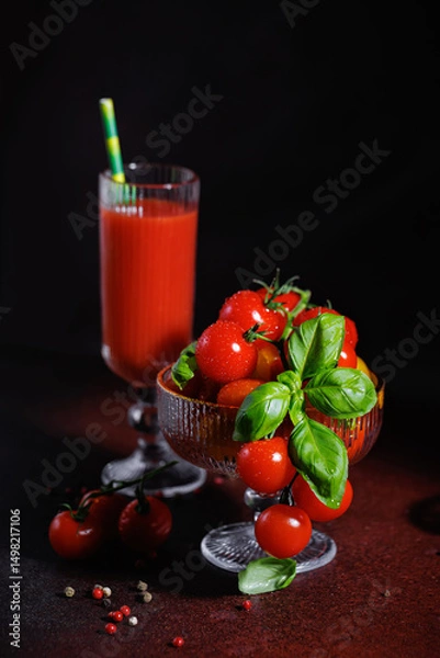 Fototapeta Fresh cherry tomatoes and basil in glass bowl with tall glass of tomato juice and pepper mix