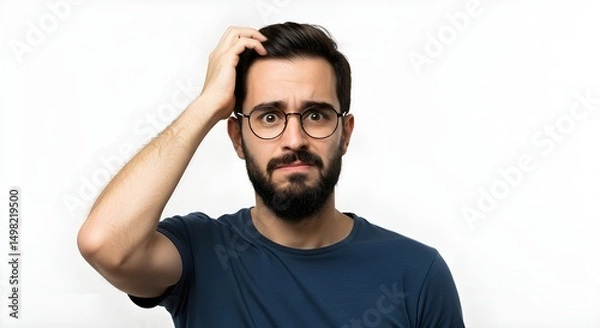 Obraz Portrait of confused man with hand on head wearing trendy round glasses on white background