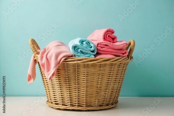 Fototapeta Oversized woven laundry basket overflowing with neatly folded clothes and towels, ready for putting away A clean and organized home essential , hamper, house, cotton