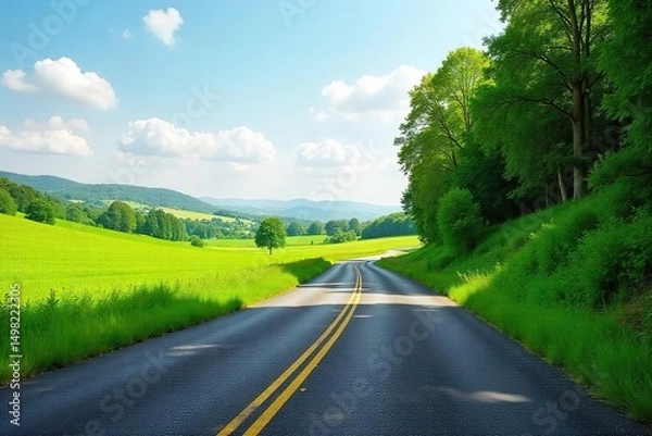 Fototapeta A winding asphalt road stretches through a picturesque landscape, flanked by lush green fields and towering trees, evoking a sense of journey and family adventure ,  country road,  highway
