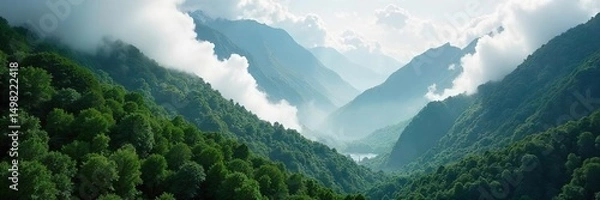 Fototapeta A breathtaking vista of a lush, cloud-shrouded forest clinging to the slopes of a misty mountain, sunlight filtering through the canopy, creating a magical atmosphere ,  wild,  sky