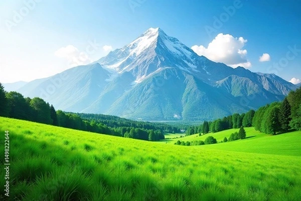 Fototapeta A serene landscape with a balanced view of a lush green field and a majestic mountain range in the background, symbolizing wealth and environmental harmony , stability, sunlight