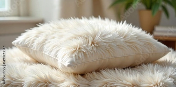 Fototapeta Luxurious feather cushion, plump and fluffy, perfect for comfort and relaxation  Soft texture, inviting and cozy, ideal for home decor ,  sleep,  warm,  soft
