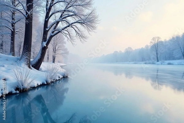 Fototapeta Frozen lake reflecting a pale winter sky, icy branches reaching towards the heavens  Perfect for winter themes, cold landscapes, and serene backgrounds ,  grey,  branches,  calm