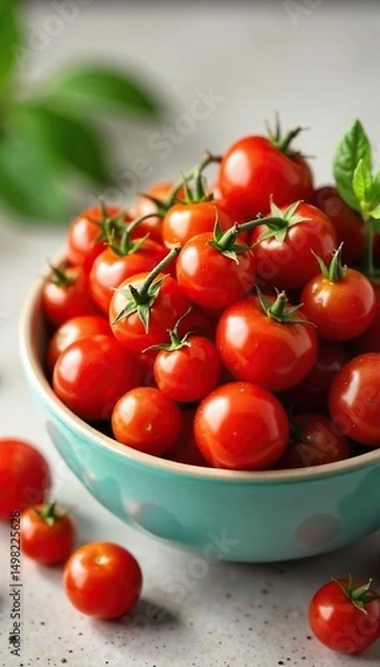 Fototapeta A vibrant bowl overflowing with ripe, red cherry tomatoes, ready for a healthy and refreshing diet Perfect for illustrating weight loss, healthy eating, and summer recipes , farm fresh, summer diet