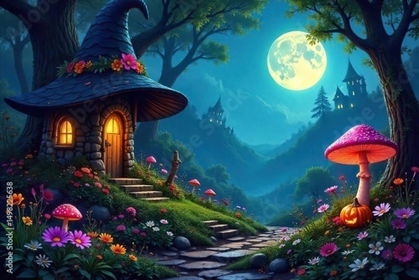 Fototapeta A mystical witch's garden overflowing with vibrant herbs, unusual flowers, and mysterious toadstools under a twilight sky  Perfect for fantasy, Halloween, or magical themes ,  twilight,  green