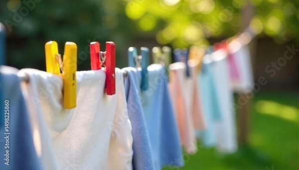 Fototapeta Colorful clothes pegs securing laundry on a rustic wooden clothesline, creating a charming outdoor scene Perfect for summer, laundry, home, and nature themes , line drying, detail, clothes pegs