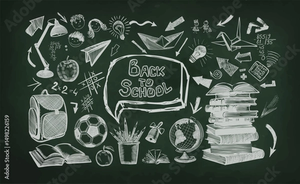 Obraz Welcome back to school horizontal banner, chalk drawing on school board, vector illustration. Handmade, not AI Vector illustration.