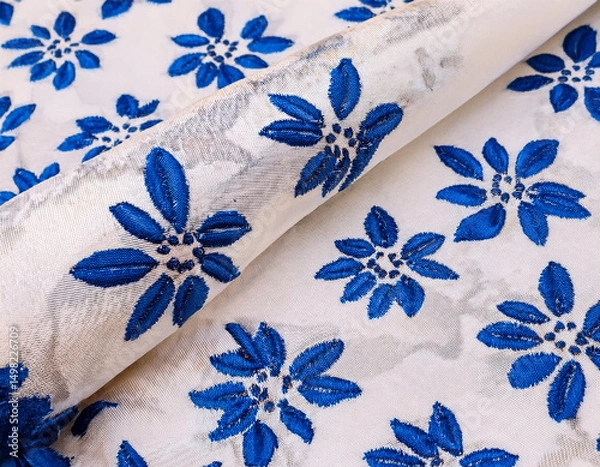 Obraz A close-up of elegant blue floral embroidery on white fabric, perfect for textile design and traditional fashion themes.	